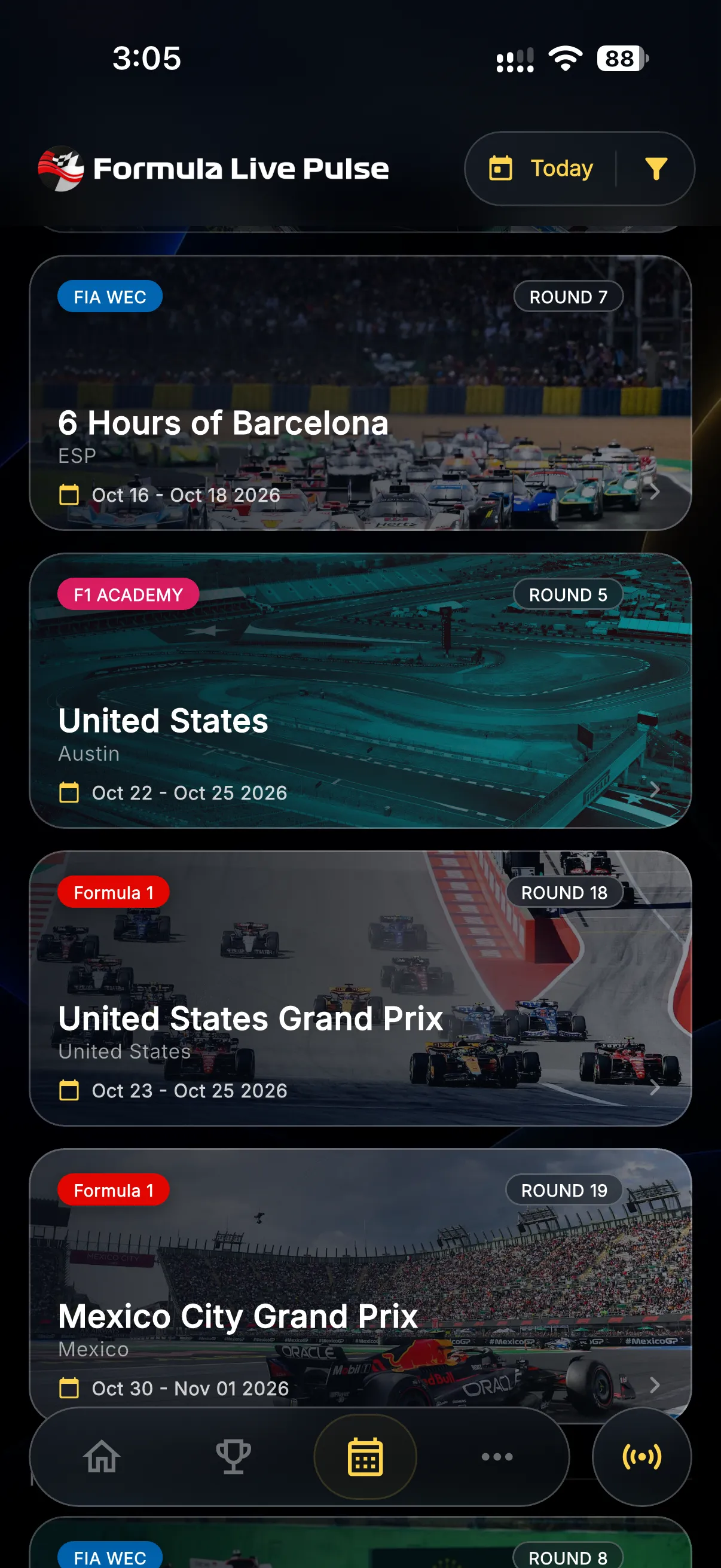 Formula E calendar in the Formula Live Pulse app