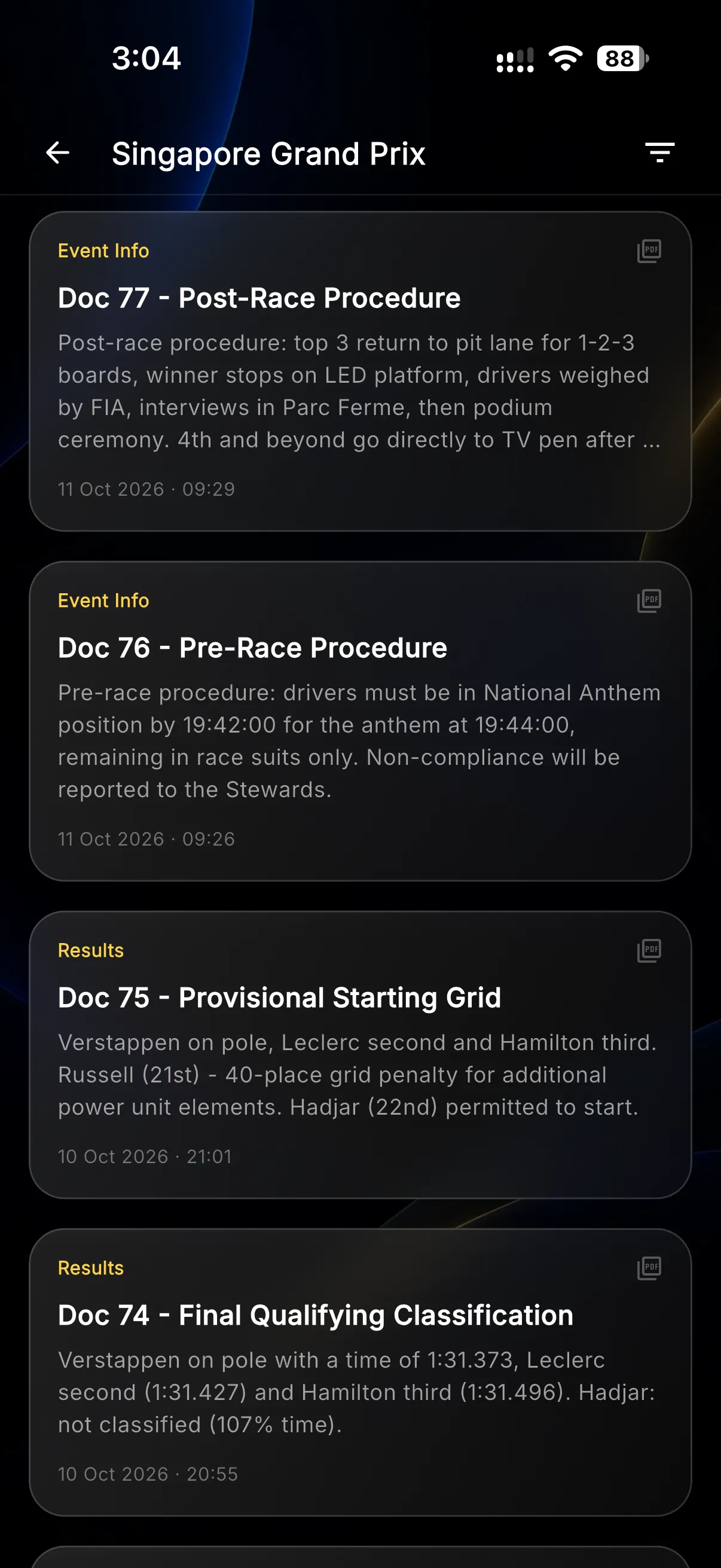 Lista de documentos oficiales de la FIA en la app Formula Live Pulse