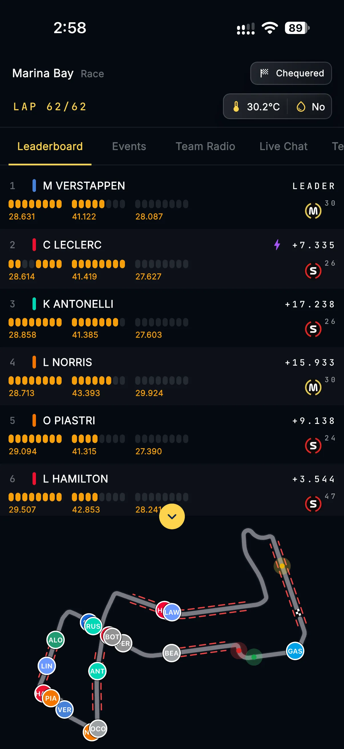 Mapa de la pista de Fórmula 1 en tiempo real en la app Formula Live Pulse