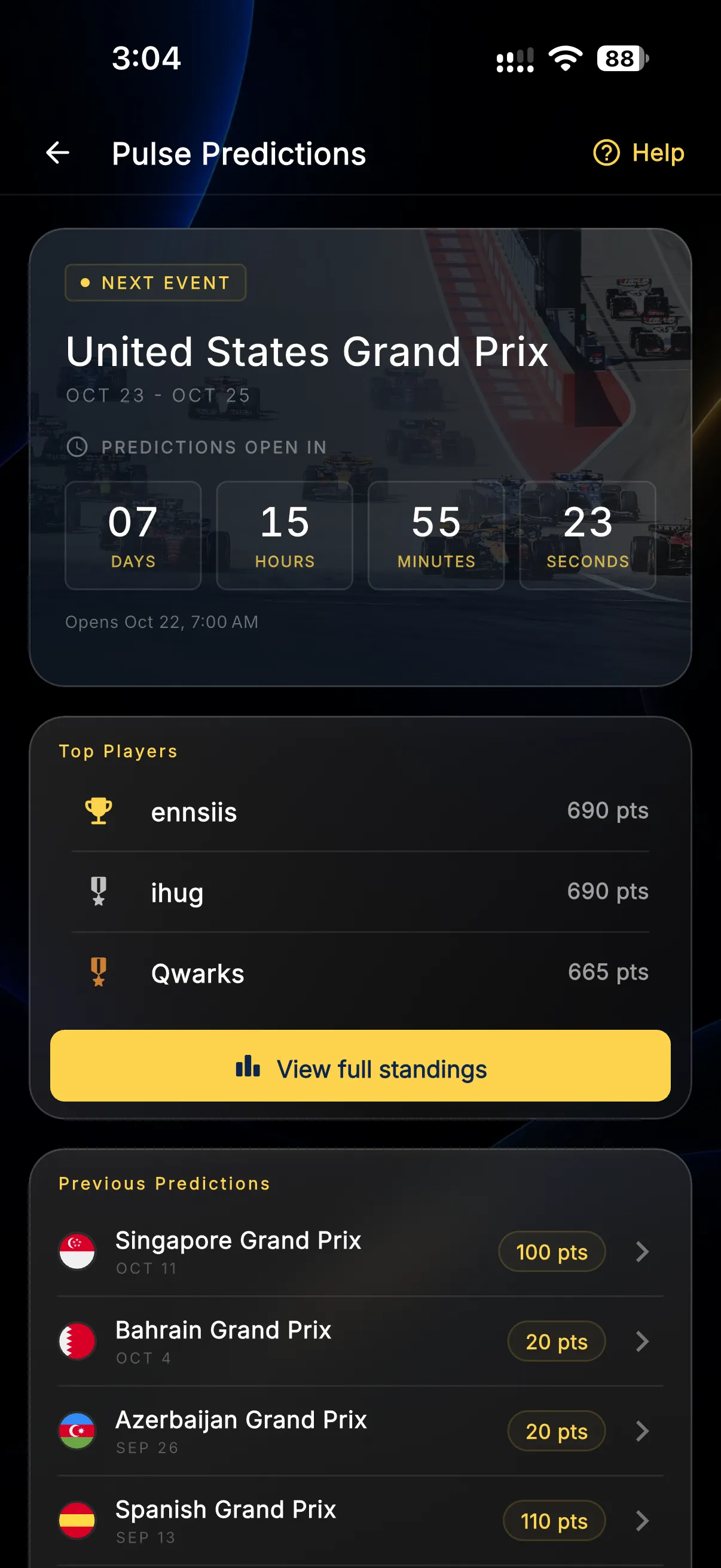 Le jeu Pulse Predictions dans l’app Formula Live Pulse