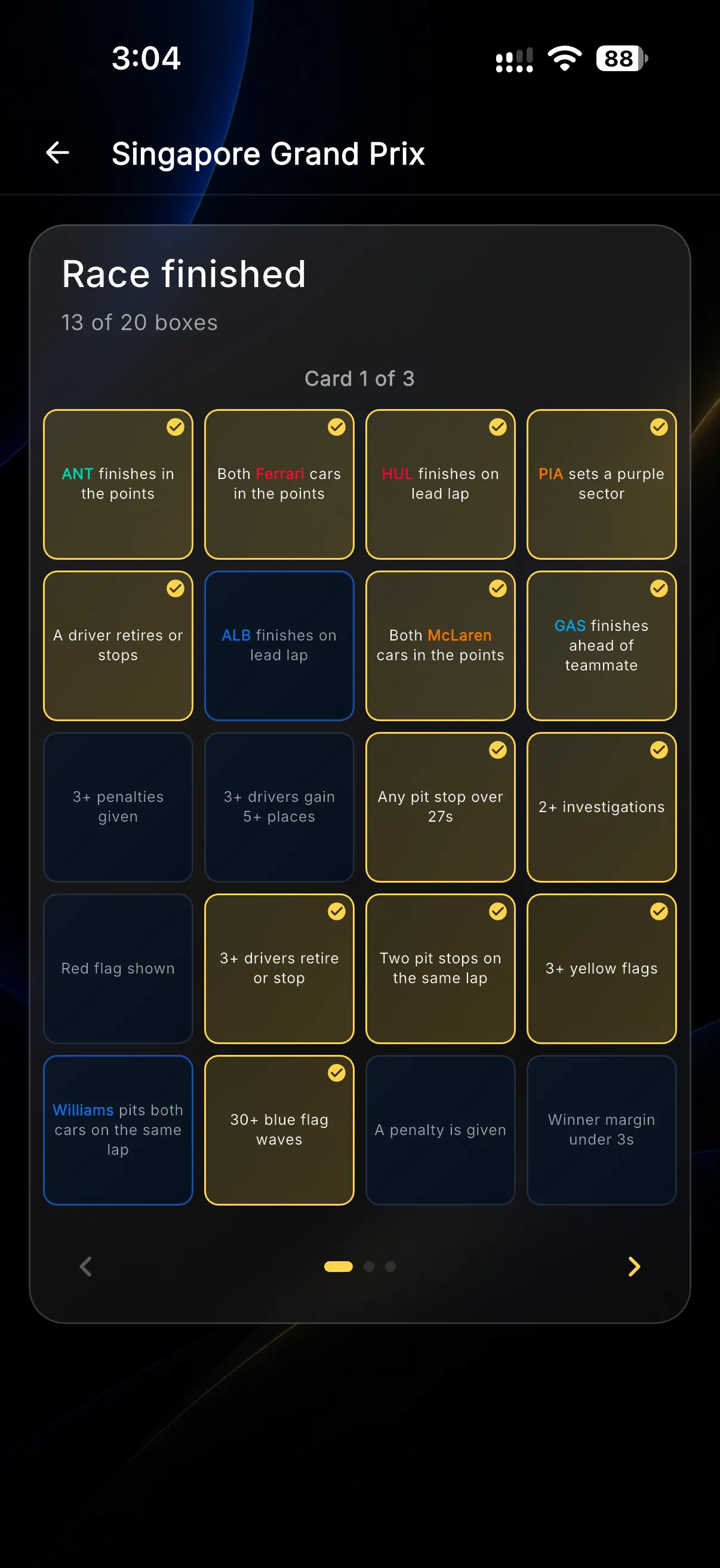 Il gioco Race Bingo nell’app Formula Live Pulse