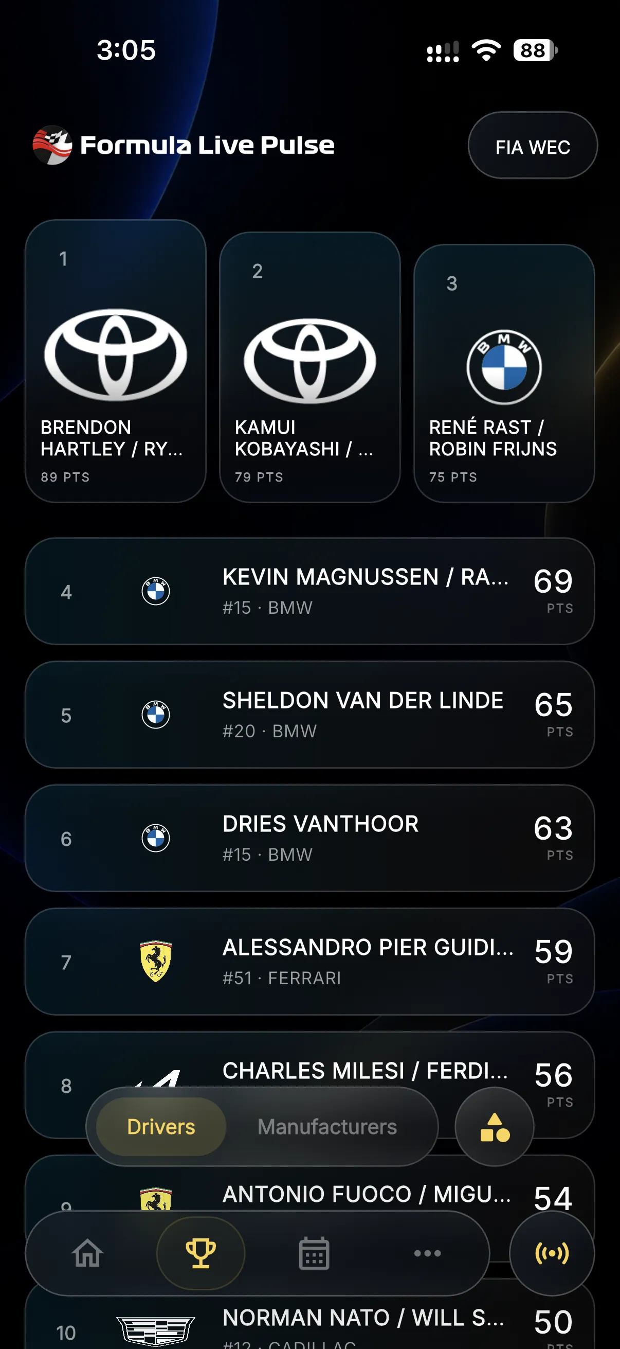 FIA WEC standings in the Formula Live Pulse app